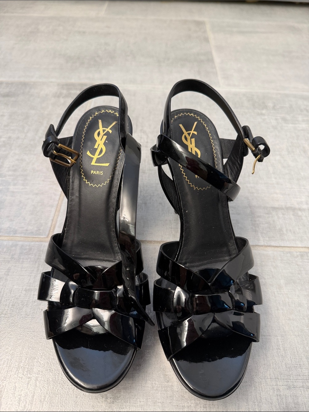 Yves Saint Laurent Black Patent Leather Knot-Strap Slingback Heels